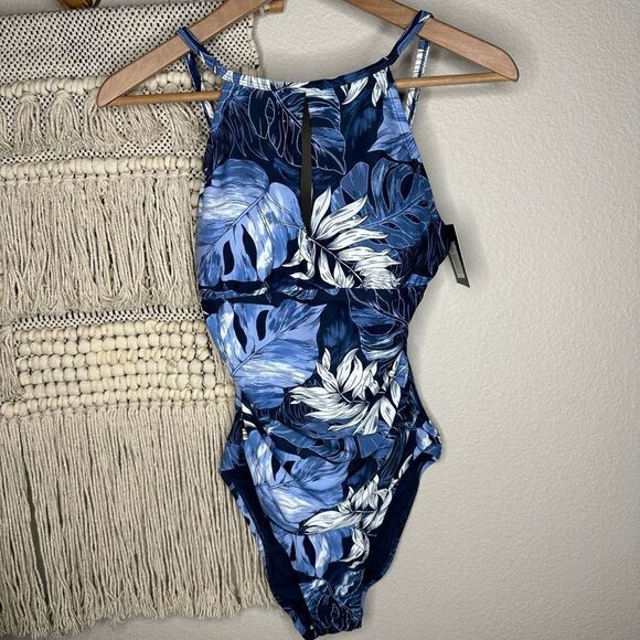 Ellen Tracy Navy Blue Tropical Print Bathing Suit Size 8 - Picture 1 of 4